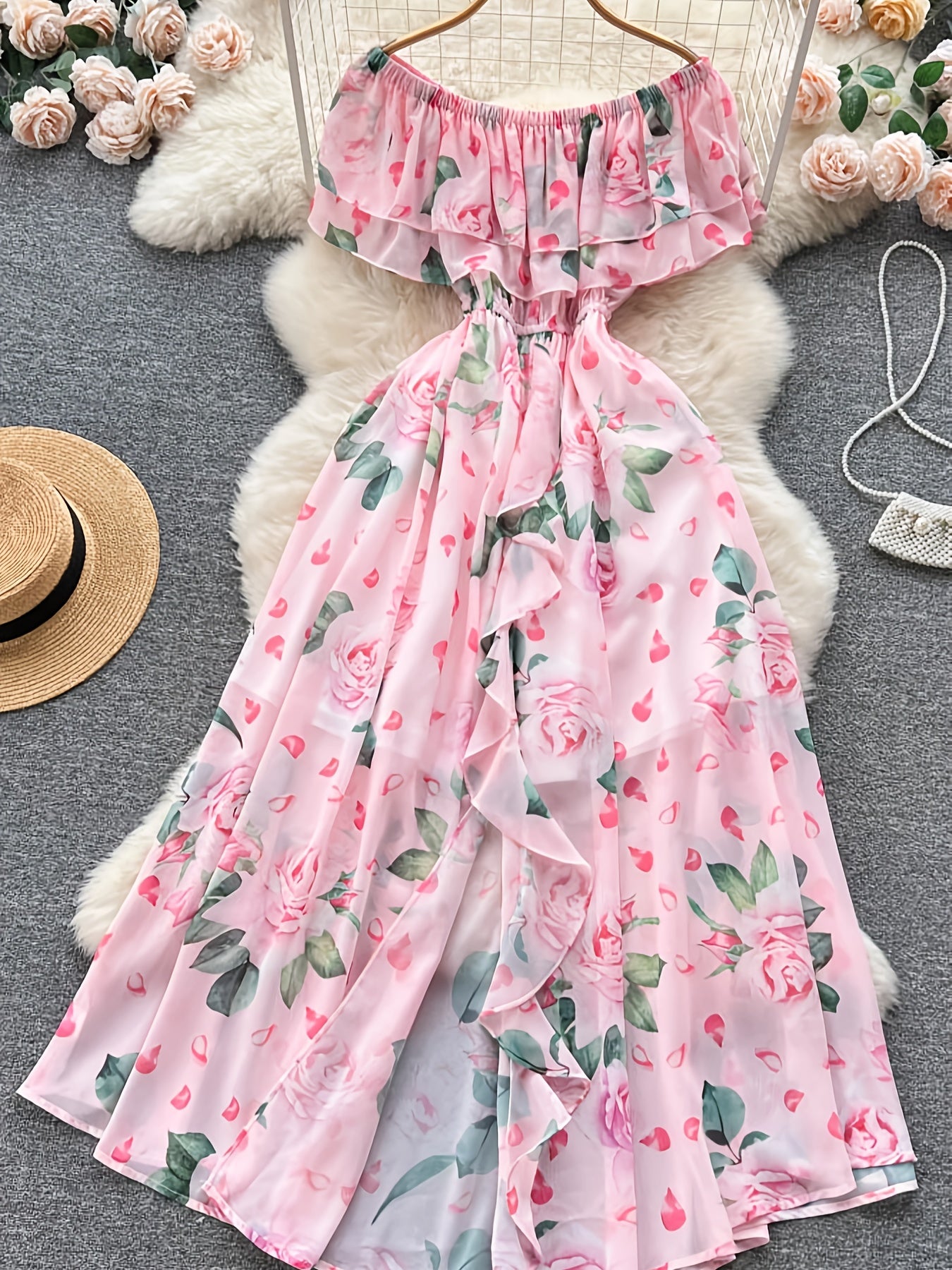 Elegant Women's Floral Print Off-Shoulder Dress - Ruffled Hem, Sleeveless, Polyester, Perfect for Spring/Summer